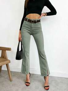 Women's Color Cloth Pants Bootcut Pants Women's Jeans Women's Bootcut Pants Fashionable Solid Color Pocket Button Zipper - Army Green - View 1