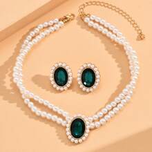 3 Peças/Conjunto Corrente para a Clavícula com Aspecto Luxuoso, Pulseira Curta de Pérola Falsa e Strass Acrílico, Brincos