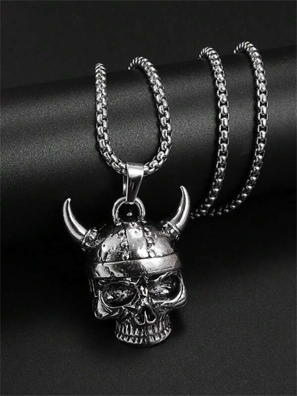 1pc Vintage Creative Horned Skull Pendant Necklace, Unique Rock Party Jewelry Gift For Men & Women