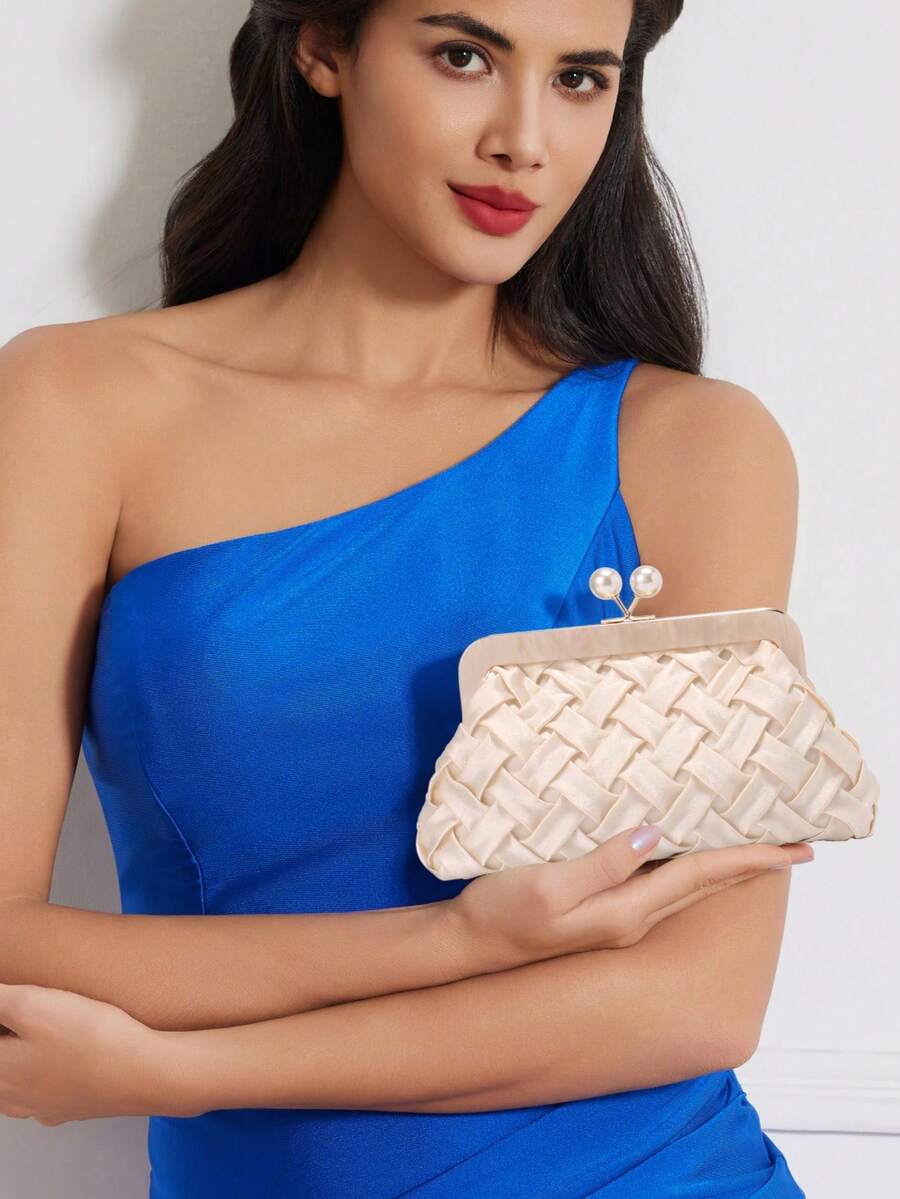 香槟色缎面手拿包，编织纹理和亚克力金色五金配件，珍珠装饰女士晚宴包 - 可拆卸链条肩带，适合新娘、母亲、情人节的婚礼派对生日礼物