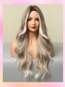 Einfach zu tragende, lange lockige 26-Zoll-Perücken für Frauen mit braunem und blondem Farbverlauf-Farbverlauf ohne Pony, hitzebeständiges synthetisches Haar, verstellbarer Kopfumfang, für Cosplay, Fotografie, Reisen