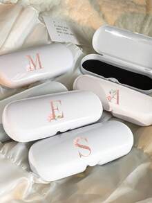 1pc Cream Solid Color Eyeglasses Case, New Minimalist Design, Portable, Waterproof And Dustproof (Small, Plastic Material) Letter Eyeglasses Hard Case - PU Leather A-Z Floral Print Eyeglasses Case - White - View 4