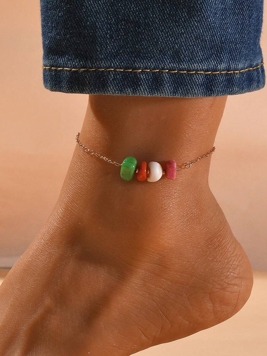 1pc Elegant Colorful Sea Glass Crushed Stone Beaded Anklet, Women Fashion Jewelry Accessories Suitable For Summer Beach Vacation