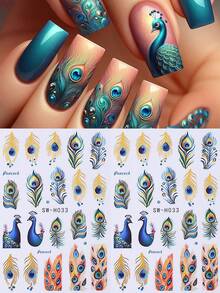 2 pièces Autocollants d'art pour ongles 3D élégants avec plumes de paon, décalcomanies de paon vert et or de luxe. Décalcomanies adhésives pour ongles DIY, décoration d'ongles pour femmes, fournitures pour ongles - Multicolore - Voir 2