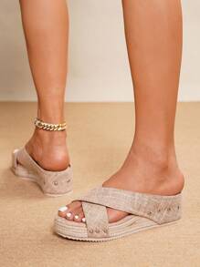 Women's Platform Wedge Thick Sole Sandals, Straw Rope Slides, Suitable For All Seasons Wear, Vacation, Party, Casual, Beach