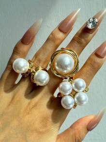 Conjunto de 3 anéis elegantes, vintage, brilhantes, exclusivos, de luxo, com pérolas douradas, versáteis para o dia a dia, festas, deslocamentos, feriados, joias finas para mulheres