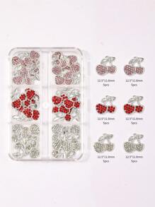 6格盒装，内含24件3D红樱桃美甲装饰，DIY合金水钻美甲配件，情人节礼物，送给朋友和女朋友的礼物，化妆和造型用品，适用于提升女性指甲魅力，美甲用品，美甲师必备的美甲用品。指甲饰物 指甲宝石