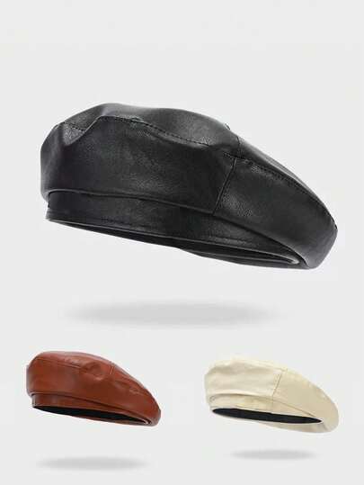 1 chiếc mũ beret da PU màu đen dành cho nữ, phụ kiện phổ biến của Ả Rập Xê Út, phong cách Kpop.