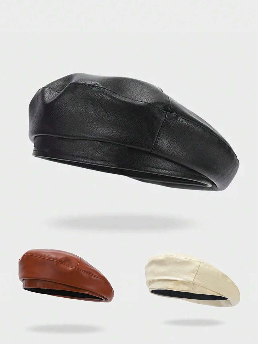 1 chiếc mũ beret da PU màu đen dành cho nữ, phụ kiện phổ biến của Ả Rập Xê Út, phong cách Kpop.