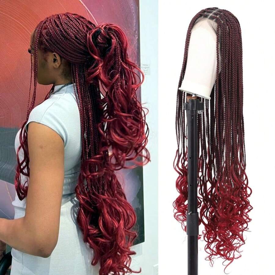 36-Inch Super Long Curly Braided Wig, Lace Front Woven Synthetic Wig With Baby Hair, Lace Box Braid Wig For Daily Wear - Multicolor - View 1