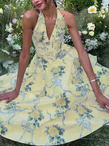 女士休闲优雅性感露背蝴蝶结口袋修身连衣裙，波西米亚风荷叶边腰部A字连衣裙，春夏秋季 - 彩色 - 查看 5