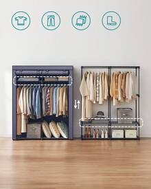 Armoire en Tissu avec Barres à Suspendre, Porte-Manteau, Pliable, pour Chambre, Bureau, 140 x 43 x 174 cm, Vert Olive/Bleu foncé/Violet lavande/Noir/Gris - Bleu azur - Voir 1