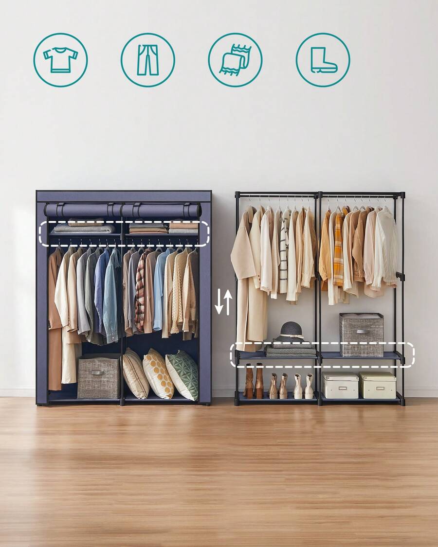 Armoire en Tissu avec Barres à Suspendre, Porte-Manteau, Pliable, pour Chambre, Bureau, 140 x 43 x 174 cm, Vert Olive/Bleu foncé/Violet lavande/Noir/Gris - Bleu azur - Voir 1