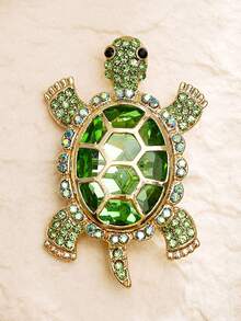 1pc Luxury Rhinestone & Crystal Turtle Brooch Pin, Ocean Animal Suit Lapel Accessory, Alloy Made With Cubic Zirconia & Diamonds, Suitable For Parties And Gifts - Green - View 3