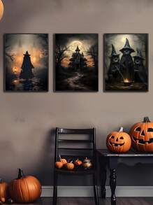 Juego de 3 obras de arte de lienzo de Halloween, arte de pared de academia oscura, bruja espeluznante, gato negro, castillo, carteles, impresiones, thriller, horror, decoración gótica de pared para fiesta de Halloween, decoración de la habitación, decoración gótica, decoración de dormitorio, decoración de sala de estar