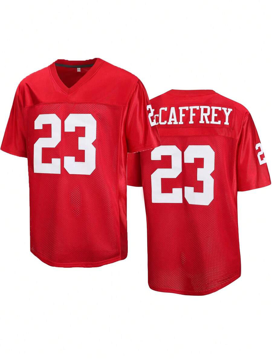 Atonmore Men's 23 Red American Football Jersey Casual Short Sleeved Embroidered Stitching V-Neck T-Shirt Party Rugby Sports Top - Red - View 1