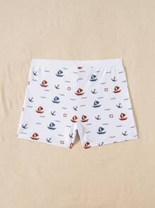 Men's Anchor Print Drawstring Swimming Trunks - Stretchy Fabric, White With Red & Blue Anchor Design, Suitable For Summer Beach And Swimming Pool
