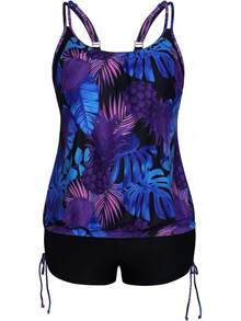 Top de tankini a rayas con estampado y shorts a juego de dos piezas para mujer de talla grande - Rosa Rojo Negro - Ver 4