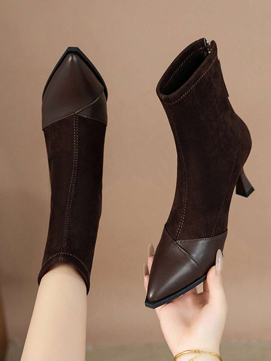2024 秋冬女士尖头弹力修身踝靴，精致高跟短靴，带毛绒衬里