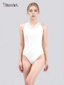 DonsGirl 一件式女式蕾丝刺绣背心，适合芭蕾舞、现代舞、古典舞和体操连体衣，性感女孩紧身衣 - 白色 - 查看 6