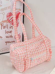 1Pc Floral And Bow Knot With Ruffles Duffel Bag ,Girls Travel Bag ,Girls Weekend Bag ,Women Shoulder Bag,Yoga Bag ,Sports Bag,Girls Weekend Bag ,Girl Duffel Bag ,Girls Luggage Bag Quilted Zipper Handbag Suitable For Ladies And Girls, Gift For Valentines Gift ,New Year Gift Bag For School School Accessories School Stuff