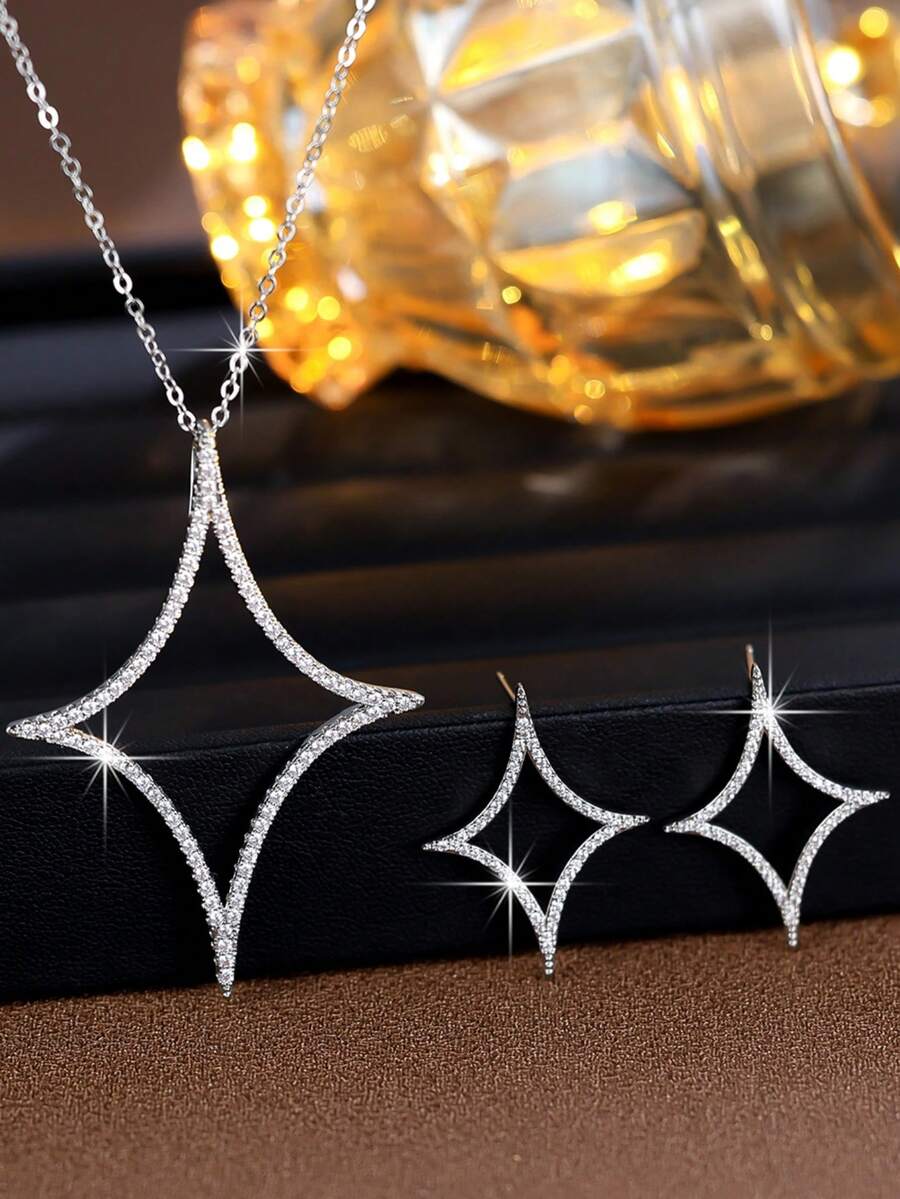 2 pezzi/set Gioielli eleganti e di lusso da donna con design a esplosione di stelle, collana e orecchini, adatti come regalo per le donne per le vacanze