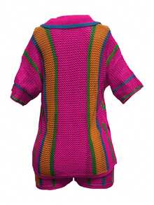 2pcs Women Colorblock Striped Short Sleeve Sweater & Loose Knit Shorts Set - Hot Pink - View 5