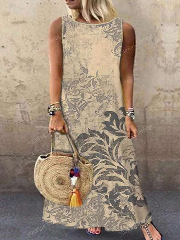 Vintage All-Over Print Sleeveless Plus Size Dress For Women, Spring/Summer