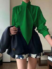 Áo sơ mi dài tay thanh lịch cỡ lớn dành cho nữ, cổ buộc dây trang trí - Màu trơn, phong cách thường ngày, mùa xuân. - màu xanh lá - Xem 3