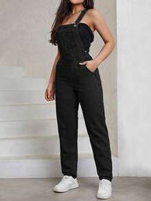 Women's Y2K Fashionable Slim Fit Casual Denim Overalls, Paired With Sexy Backless, Suitable For All Seasons, Suitable For Parties, Birthday Parties, Evening Parties, Dances/Banquets, Fashion Shows, Celebrations, Cocktail Parties, Music Festivals, Concerts - đen - Xem 3