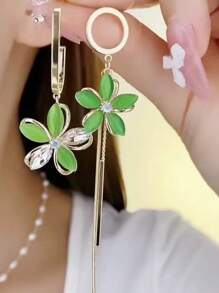 Exquisite Floral Tassel Drop Earrings, Asymmetric Design With Green Cat Eye Stones, Women Fashion Long Earrings