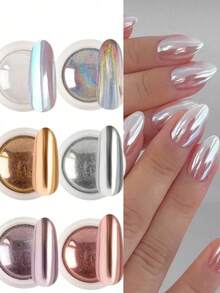 6 Jars Chrome Nail Powder, 6 Colors Holographic Chrome Effect Magic Mirror Nail Powder Nail Powder Set, Aurora Iridescent Dust Shiny Nail Glitter Powder With Magic Mirror Effect For Nail Art Design Decoration - Nhiều màu - Xem 2