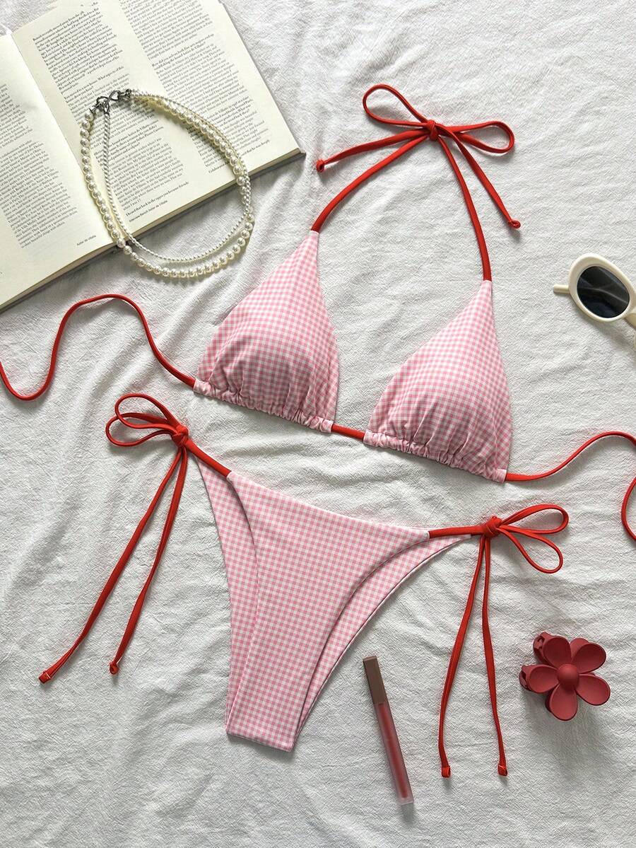 2025年新款女式欧美风蓝白格子印花比基尼泳装两件套