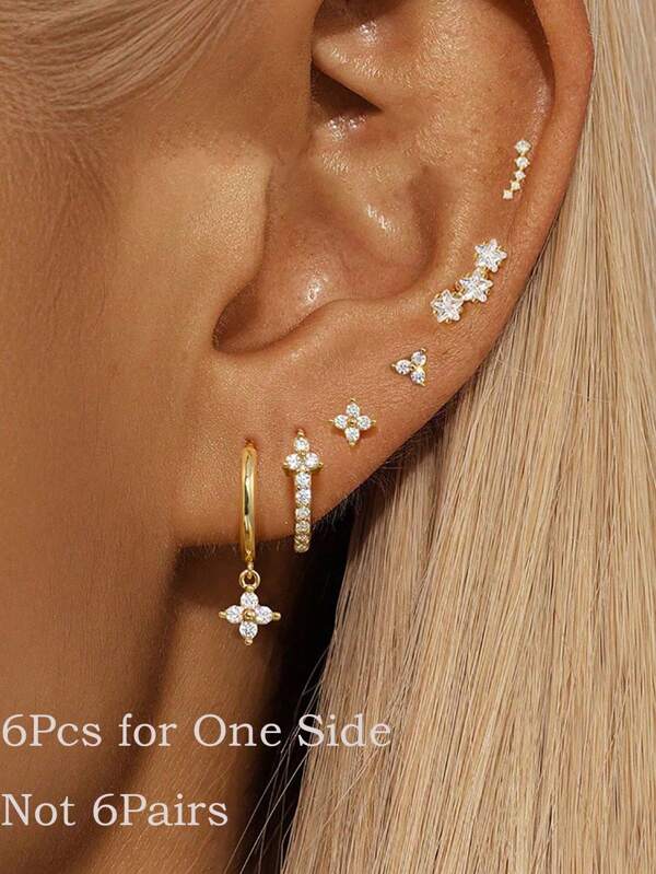 6 Pièces/Lot Boucles d'oreilles à fleurs pendantes, anneaux et clous superposables pour femmes. Boucles d'oreilles en zircone plaquées or 14 carats, accessoires de bijouterie pour vacances et fêtes