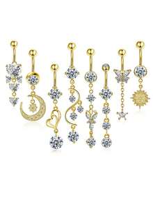 8pcs/Set Butterfly Style Multi-Element Pendant Necklaces Stainless Steel Belly Button Rings, European & American Style Suitable For Daily Wear And Summer Gift For Ladies - Multicolor - View 3