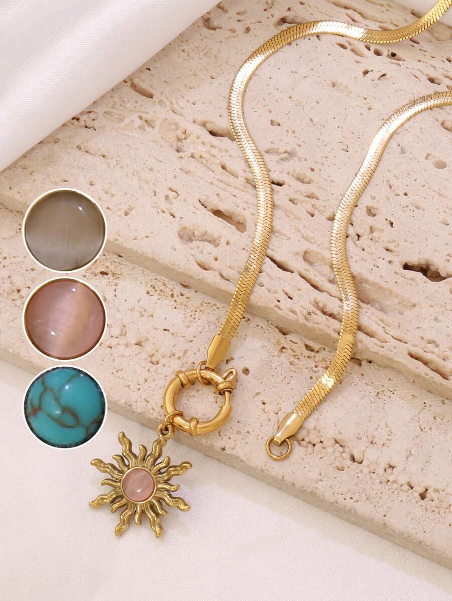 1 件复古不锈钢别致太阳形吊坠项链女式个性多色合成宝石蛇形项链时尚日常珠宝礼物