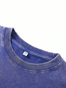 Vintage  Sporting Tee - Dog With Gear Print, 230g Washed Cotton, Loose Casual Shirt - Blue - View 3