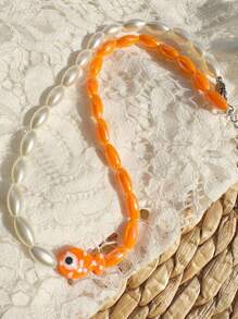 Collar de estilo bohemio con cuentas pintadas a mano con diseño de estrella de mar, cadena de la clavícula de pez payaso de cerámica naranja con lunares