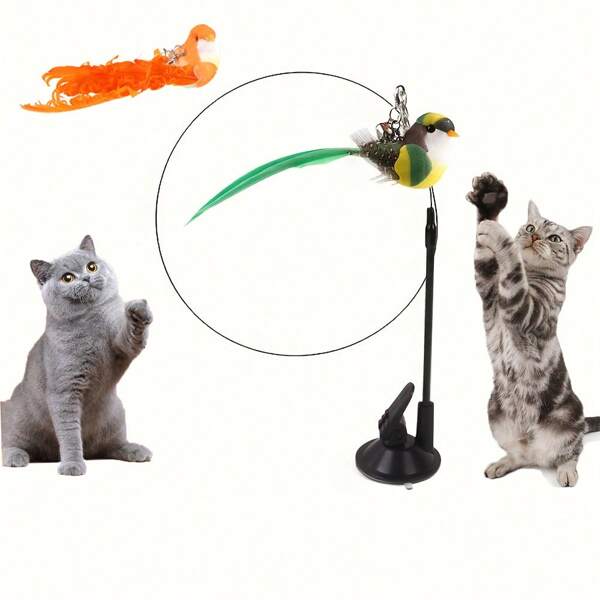 2pcs Set: Detachable Feather Decor Bird Toy + Strong Suction Cup Cat Teaser Wand, Attracting Cats To Pounce, Swat And Stimulate Hunting Instinct