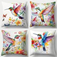 Set Of 4 Bright Hummingbird And Floral Pillowcases, Modern Living Room Sofa Decorations, Sofa Decorations, Bright Print Designs, Zipper Pillowcases, Decorative Pillowcases, Single Side, No Pillows
