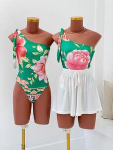 Women's Printed Macaw Bodysuit Summer  One-Shoulder Top With Single Strap - Emerald Garden - View 1