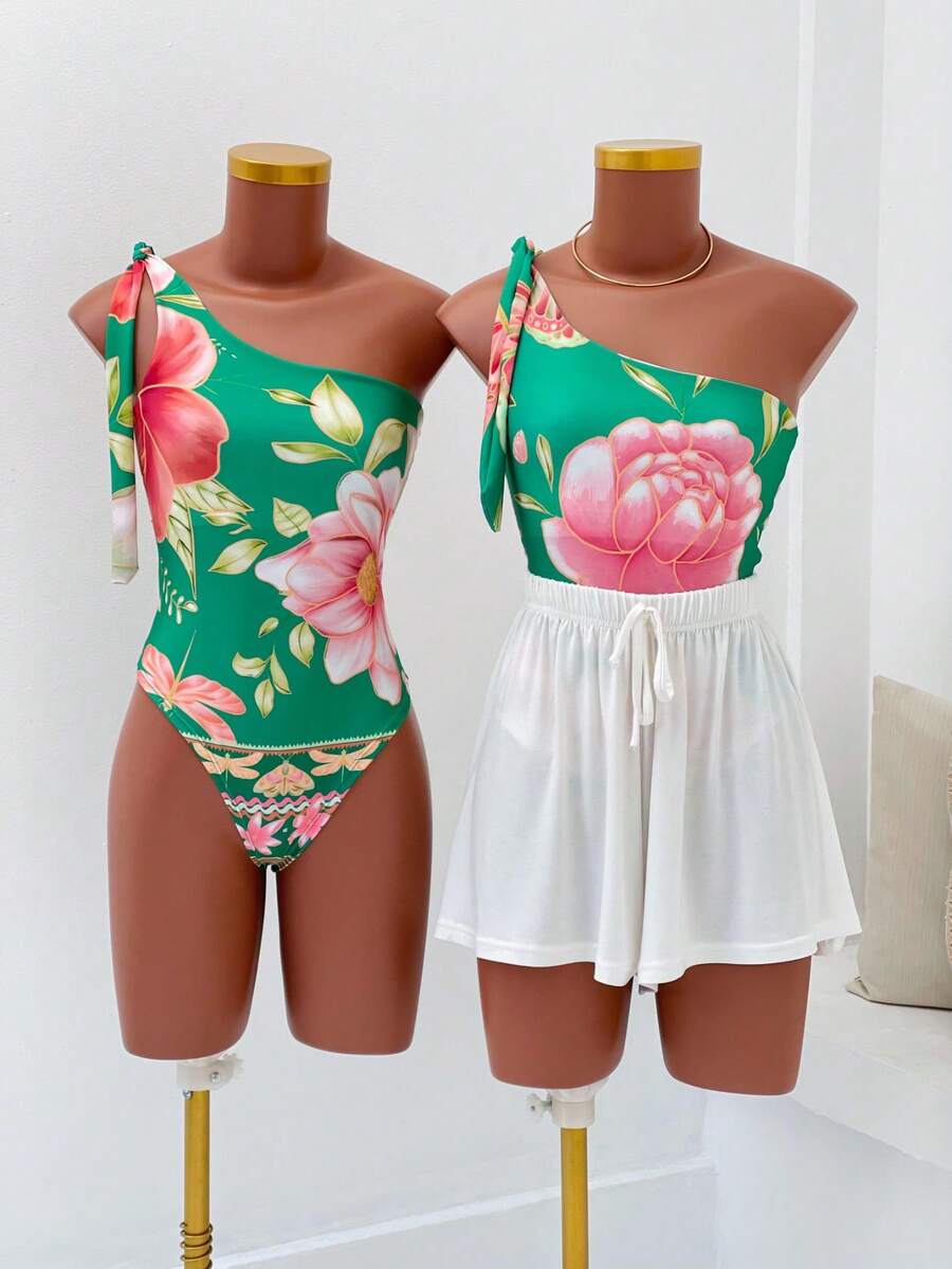 Women's Printed Macaw Bodysuit Summer One-Shoulder Top With Single Strap - Emerald Garden - View 1