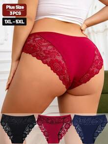 3 件大码女士优雅对比蕾丝棉质内裤，舒适内裤 - 彩色 - 查看 2
