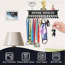 15-Hook Medal Display Rack, Medal Hanger Rack, Never Give Up, Steel Wall Mount Frame For Over 90 Medals, Medal Display Rack For Running Competitions