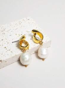 1 Pair Elegant Baroque Style Natural Freshwater Pearl 18K Gold Plated Copper Women's Earrings, Suitable For Daily, Dating, Party, Mother's Day, Birthday Gift