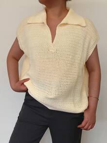 Bohemian Vacation Beachwear Summer Plus Size Leisure Hundred Loose Lapel V-Neck Design Hollow Sweater Undershirt - Apricot - View 2