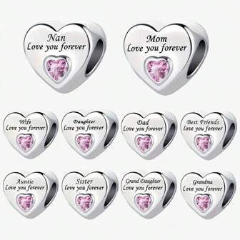 1pc Elegant Silver Plated Heart Shape Pendant Bead, Decorated With Shiny Cubic Zirconia - Perfect For DIY Jewelry Making And Celebrating Family Bonds