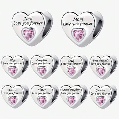 1pc Elegant Silver Plated Heart Shape Pendant Bead, Decorated With Shiny Cubic Zirconia - Perfect For DIY Jewelry Making And Celebrating Family Bonds