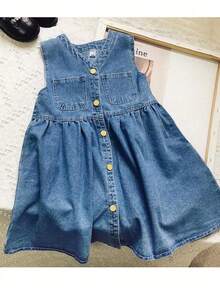 小女孩牛仔连衣裙，夏季新款儿童无袖连衣裙 - 藍色 - 查看 1