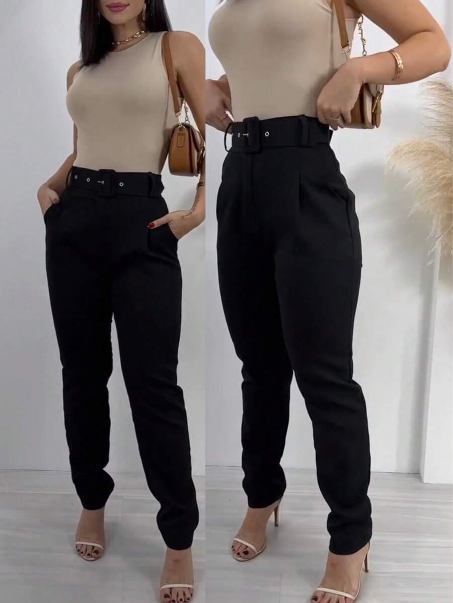 Women's Elegant High Waist Tailored Skinny Trousers - Black - View 1
